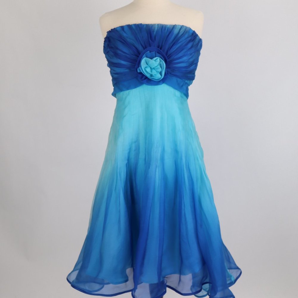 🌺 Tadashi Strapless Blue Ombre Chiffon Ruched Flower Dress Gown Party Prom